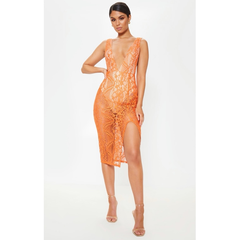 Prettylittlething Lace Plunge Open Back Dress